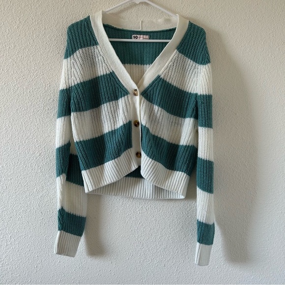SO Women’s Knit Cardigan Small Striped School  Preppy Casual Button Front - Picture 1 of 10